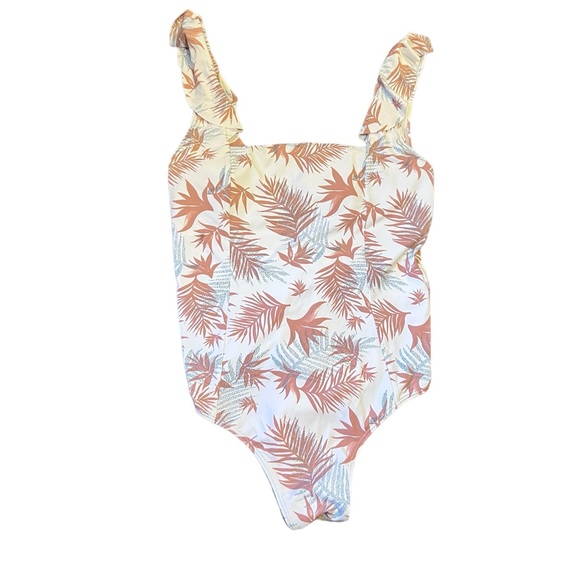 Roxy Mills One Piece Ruffle Strap White, Pink, Blue Leaf Print Swimsuit Size S - Picture 3 of 8